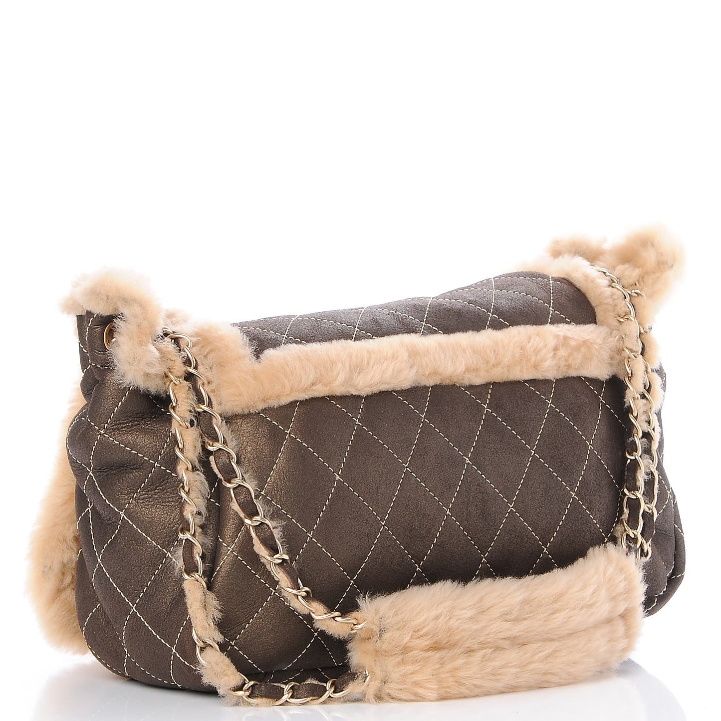 Shearling Suede Quilted Fur Flap Metallic Bronze
