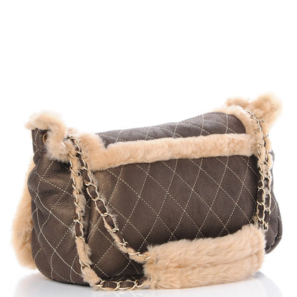 Chanel Shearling Suede Quilted Fur Flap Metallic Bronze 3 of 7