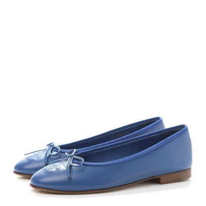 Chanel Goatskin Cap Toe CC Ballerina Flats 37.5 Blue 3 of 9