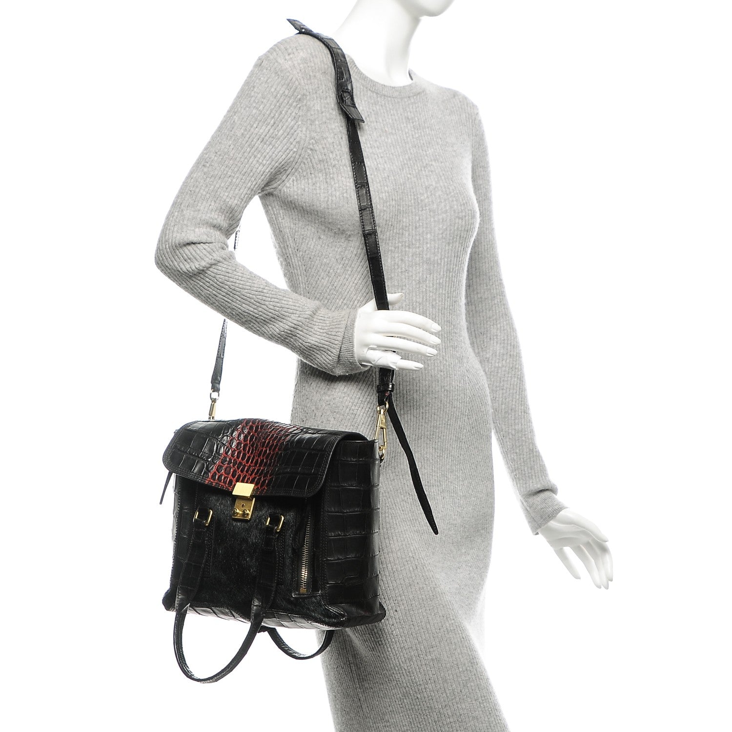 3.1 Phillip Lim 3.1 Calf Hair Calfskin Crocodile Embossed Medium Pashli Satchel Antique Red Black 2 of 8