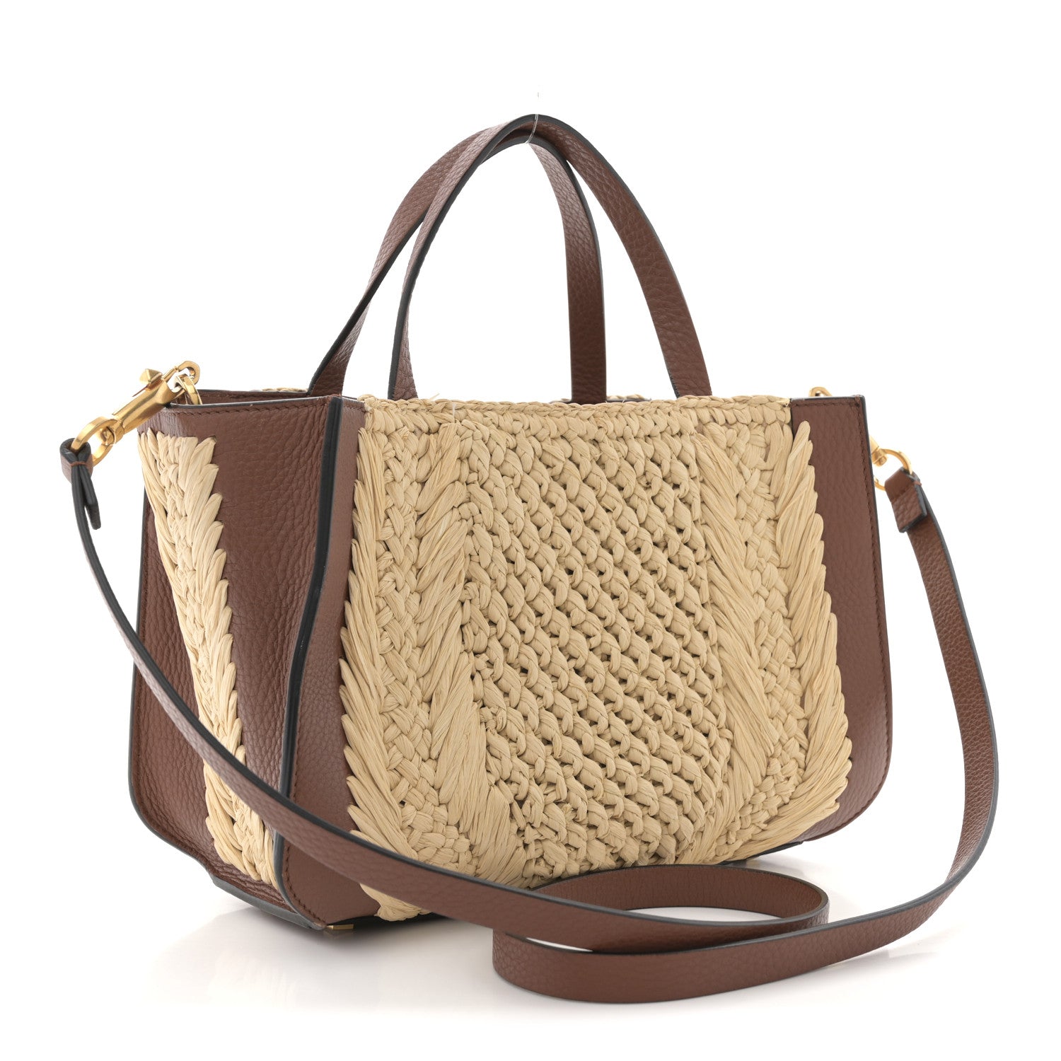 Valentino Garavani Raffia Calfskin Small Vlogo Signature Tote Natural Saddle Brown 3 of 10