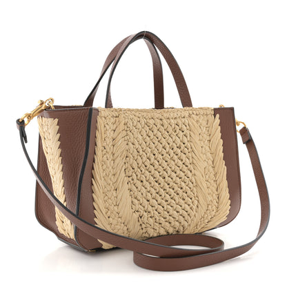 Valentino Garavani Raffia Calfskin Small Vlogo Signature Tote Natural Saddle Brown 3 of 10