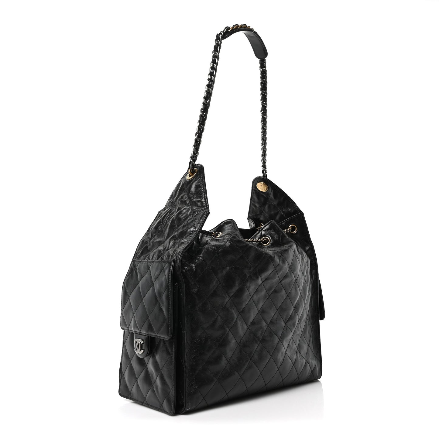 Shiny Crumpled Calfskin Quilted Medium Chanel 25 Handbag Black Black