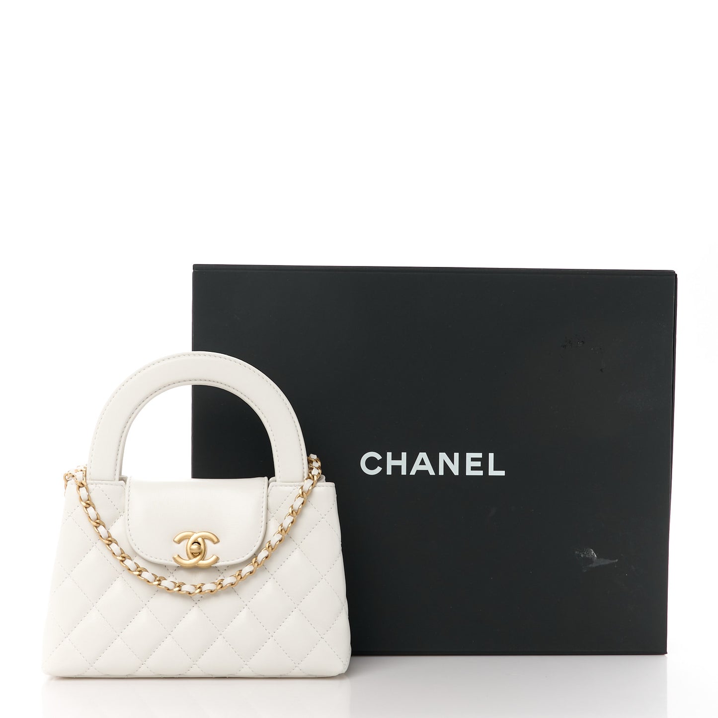 Shiny Aged Calfskin Quilted Nano Kelly Shopper White