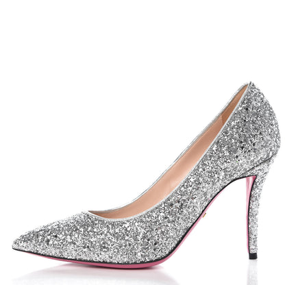 Gucci Nappa Glitter Removable Crystal Heart Pumps 39 Argento 2 of 11