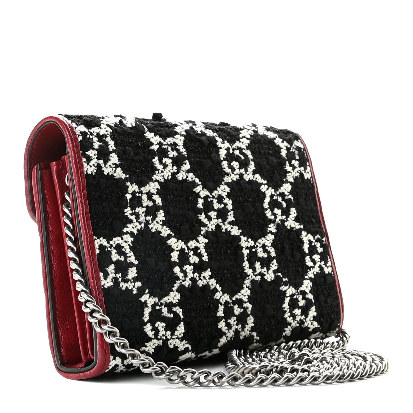 Tweed GG Monogram Mini Dionysus Chain Wallet Black White Romantic Cherry