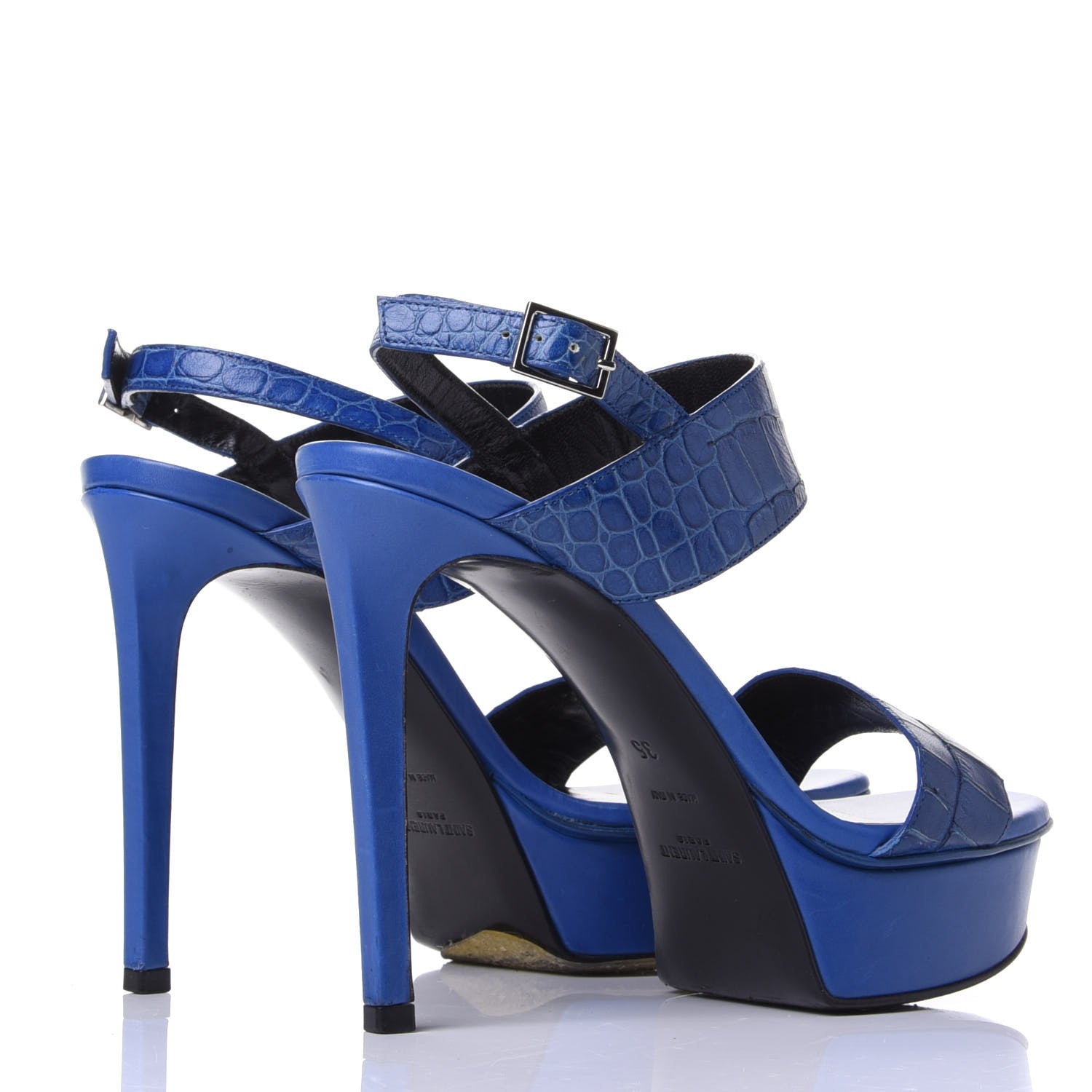 Saint Laurent Calfskin Crocodile Embossed 80 Platform Ankle Strap Sandals 35 Blue 4 of 12