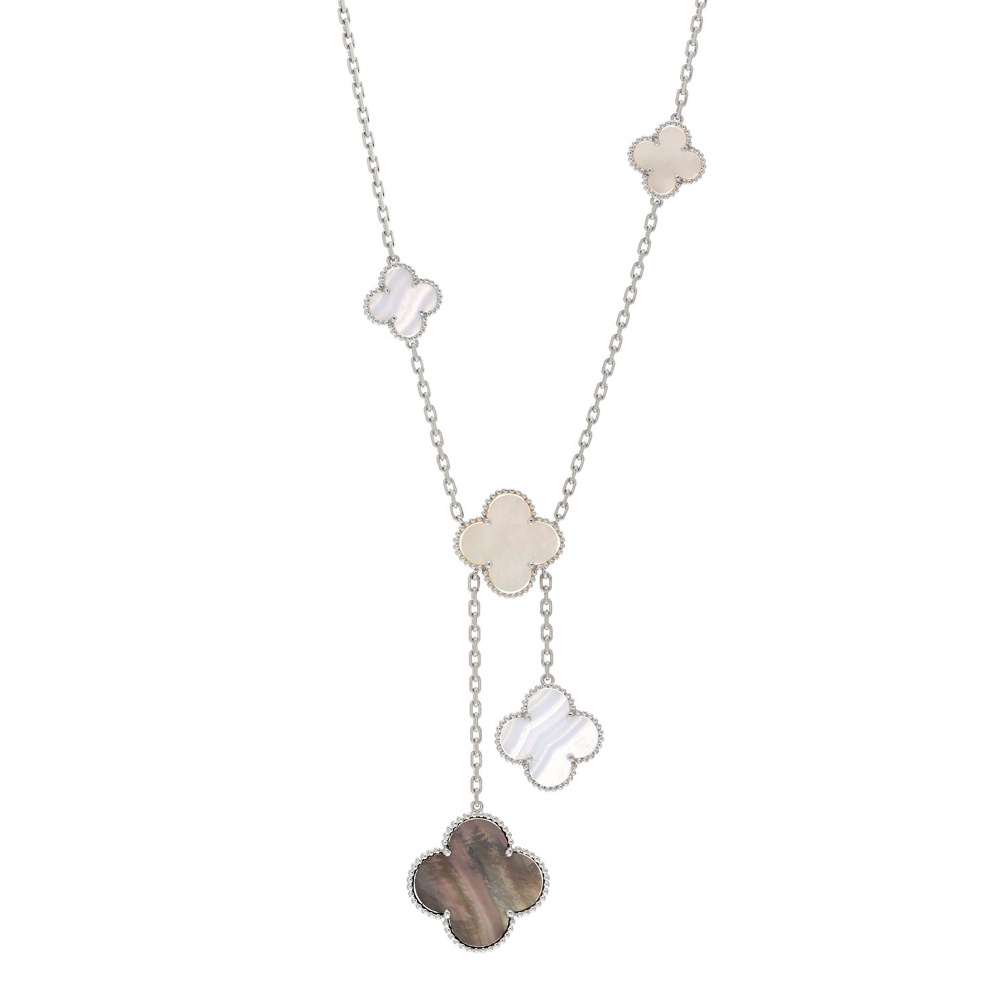 18K White Gold Mother of Pearl Chalcedony 6 Motifs Magic Alhambra Necklace