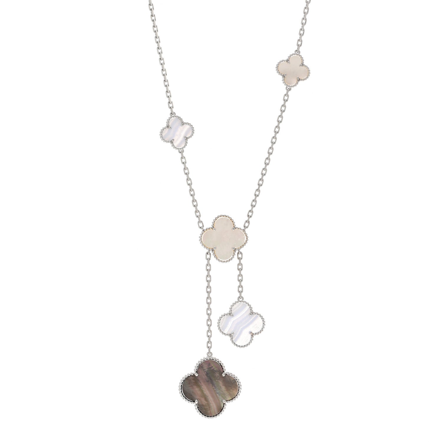 Van Cleef & Arpels 18K White Gold Mother of Pearl Chalcedony 6 Motifs Magic Alhambra Necklace 1 of 4
