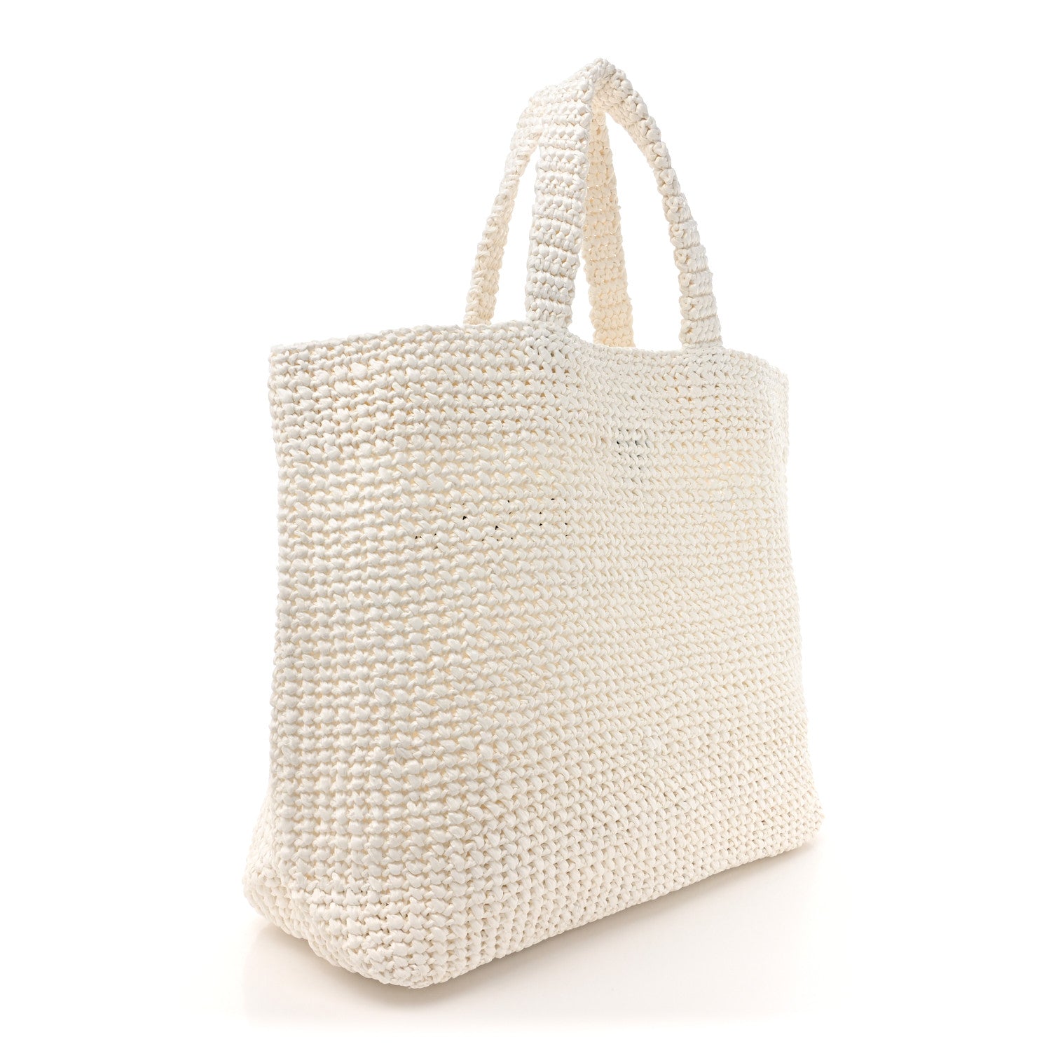 Prada Yarn Raffia Effect Crochet Embroidered Large Logo Tote White 3 of 9