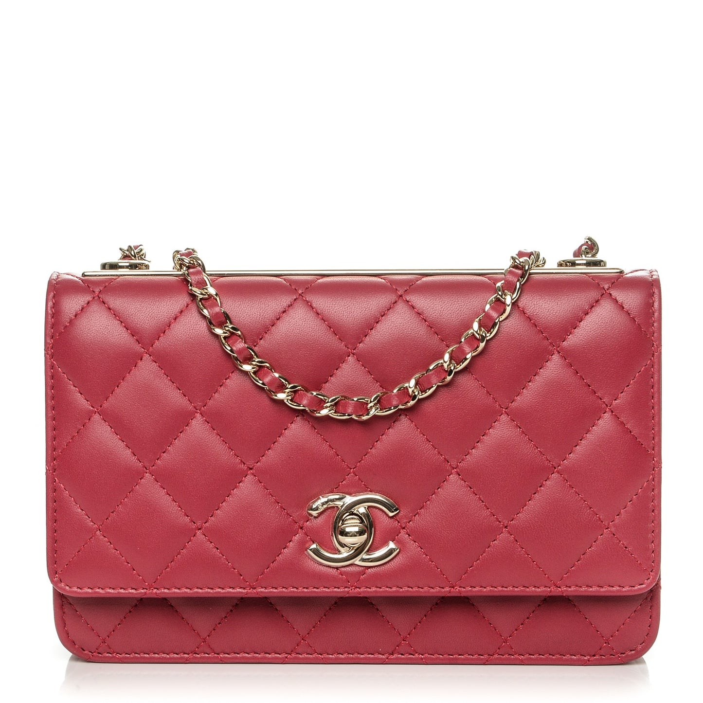 Lambskin Quilted Trendy CC Wallet On Chain WOC Dark Pink