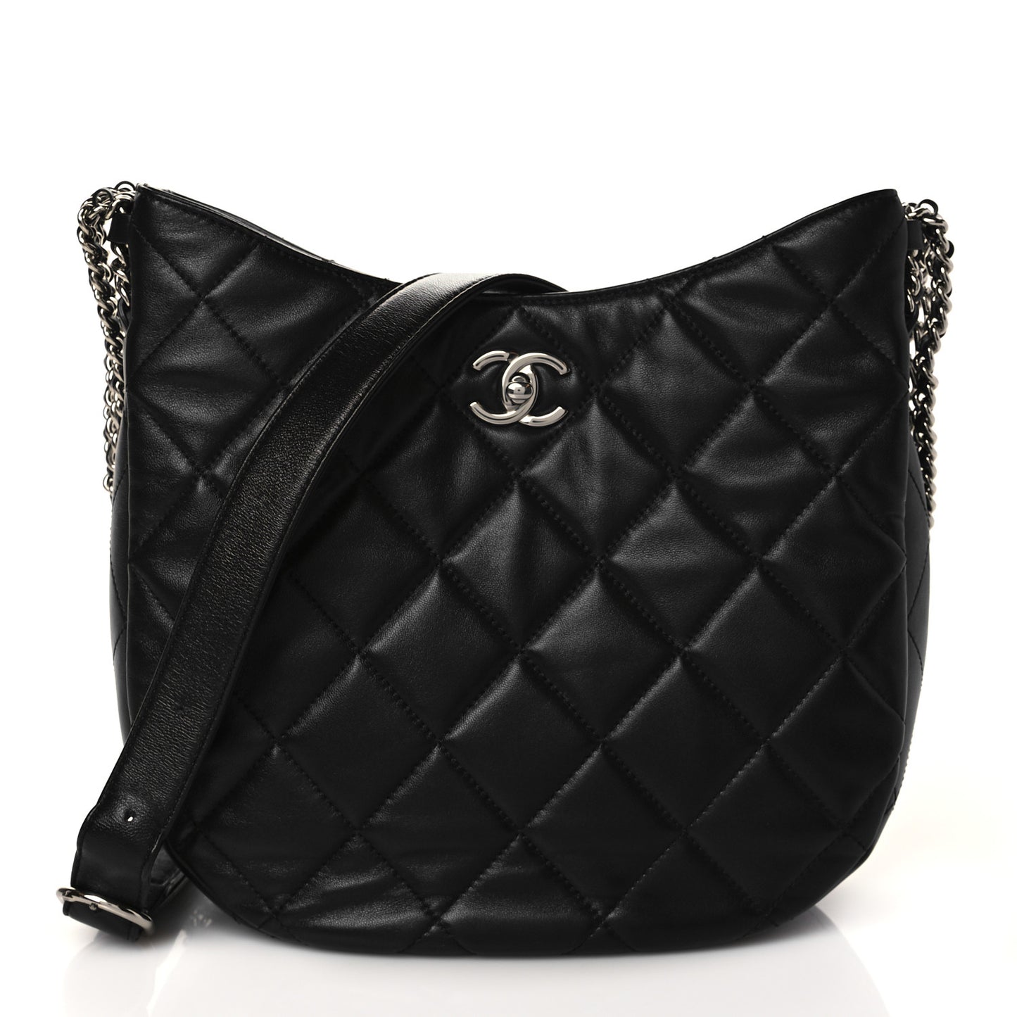 Lambskin Chain Rows Quilted Chain Hobo Black