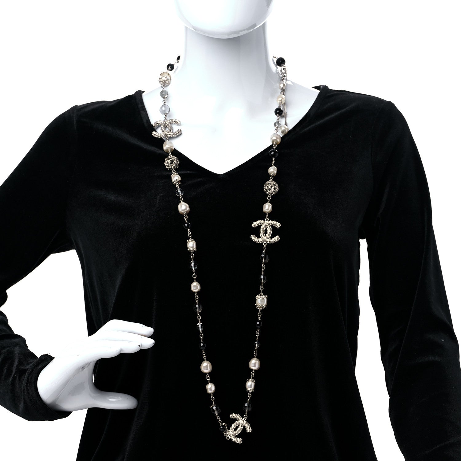 Chanel Pearl Crystal CC Textured Beaded Long Necklace 3 of 5