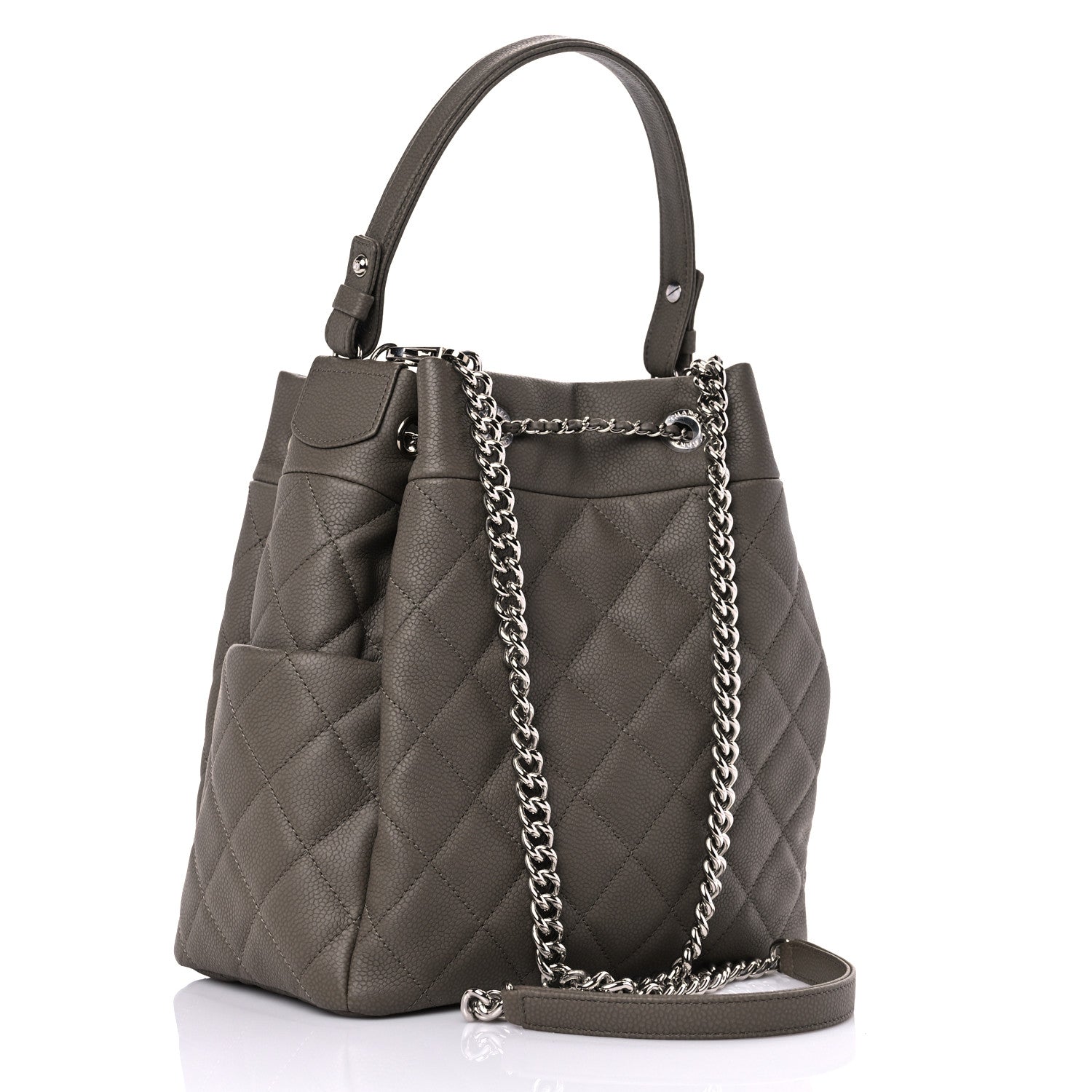 Chanel Caviar Flat Quilted CC Chain Bucket Drawstring Bag Khaki 3 of 10