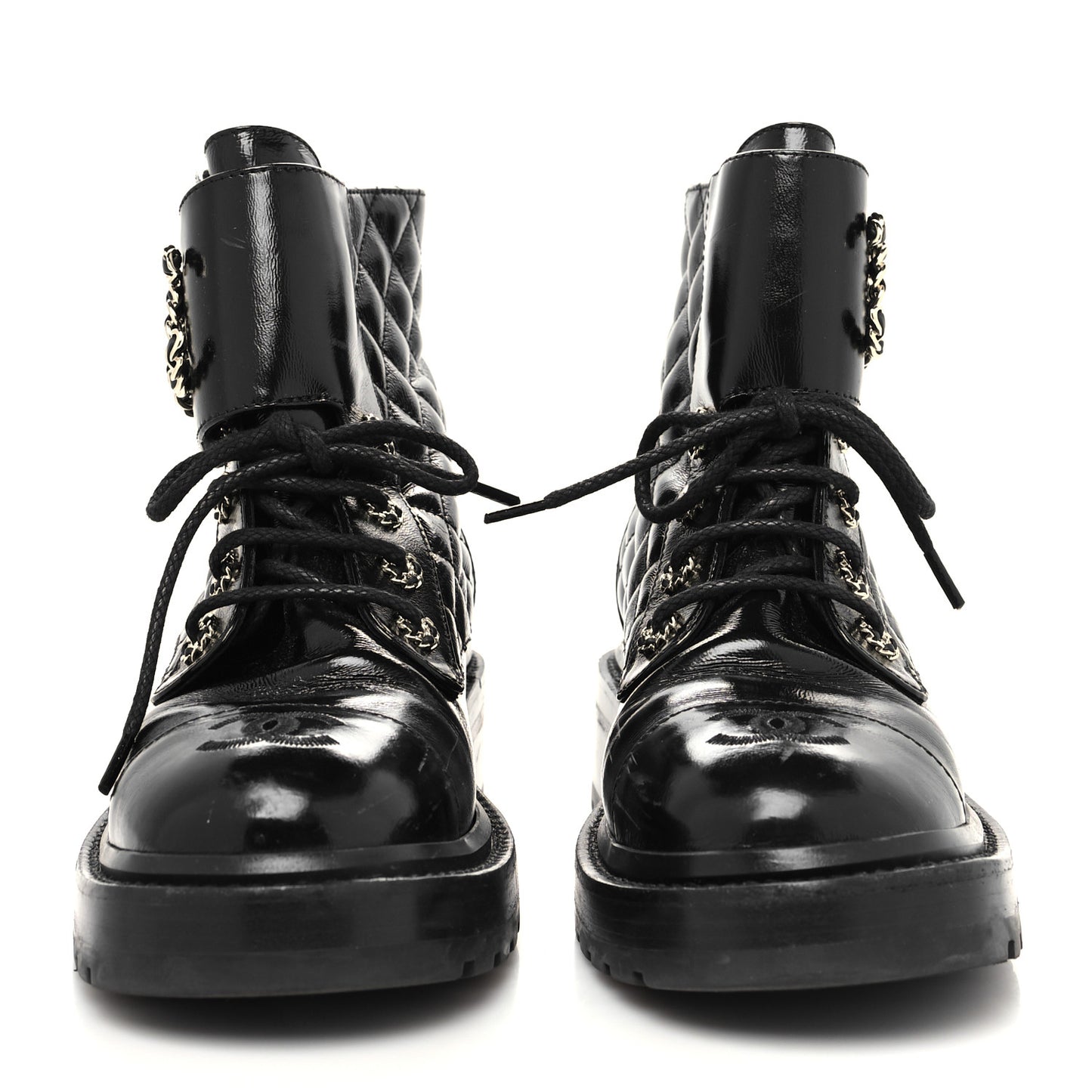 Shiny Goatskin Calfskin Quilted Lace Up Combat Boots 37 Black