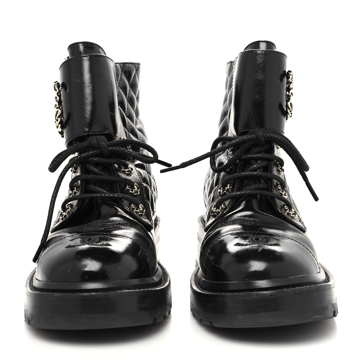Chanel Shiny Goatskin Calfskin Quilted Lace Up Combat Boots 37 Black 4 of 9
