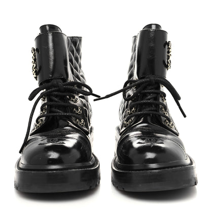 Chanel Shiny Goatskin Calfskin Quilted Lace Up Combat Boots 37 Black 4 of 9