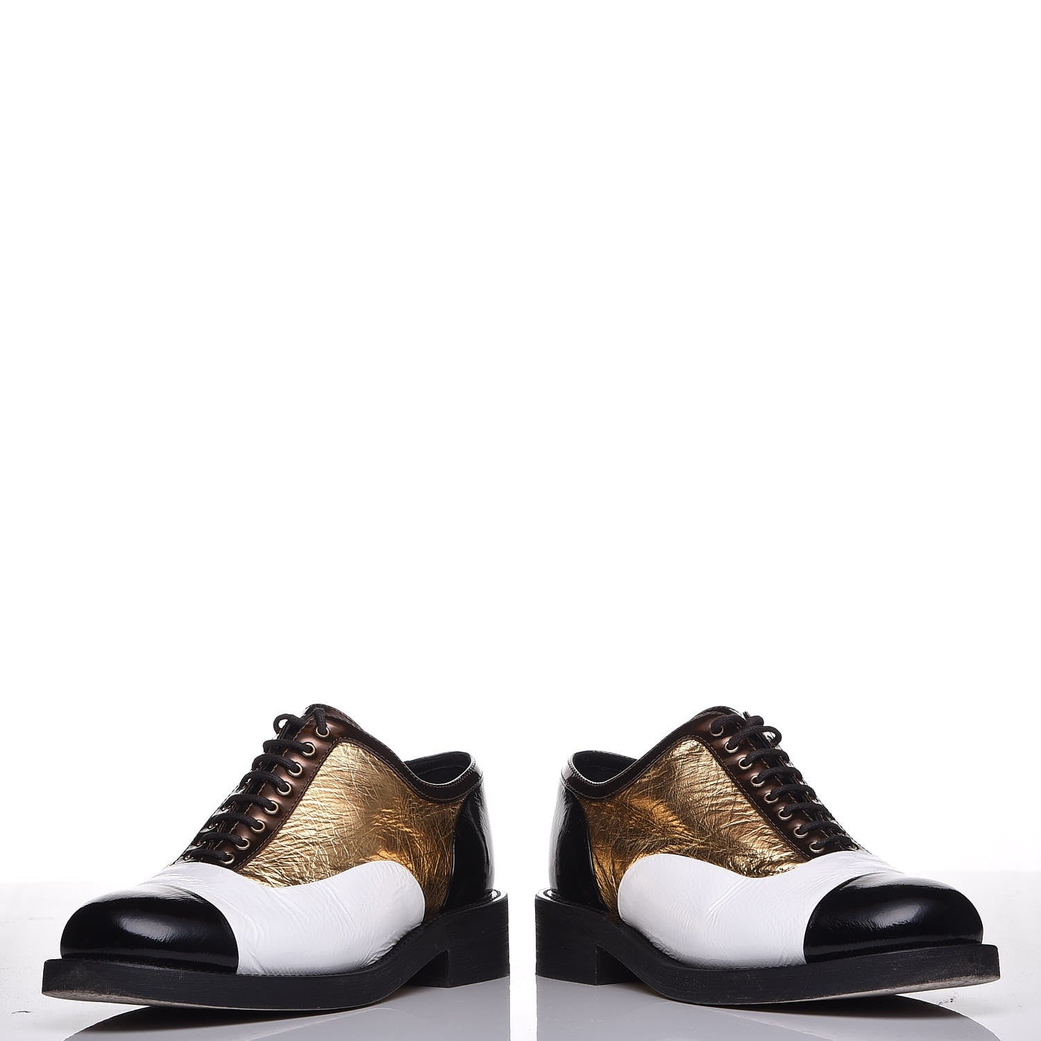 Chanel Crumpled Lambskin Patent CC Lace Up Oxfords 38 White Gold Black 6 of 10