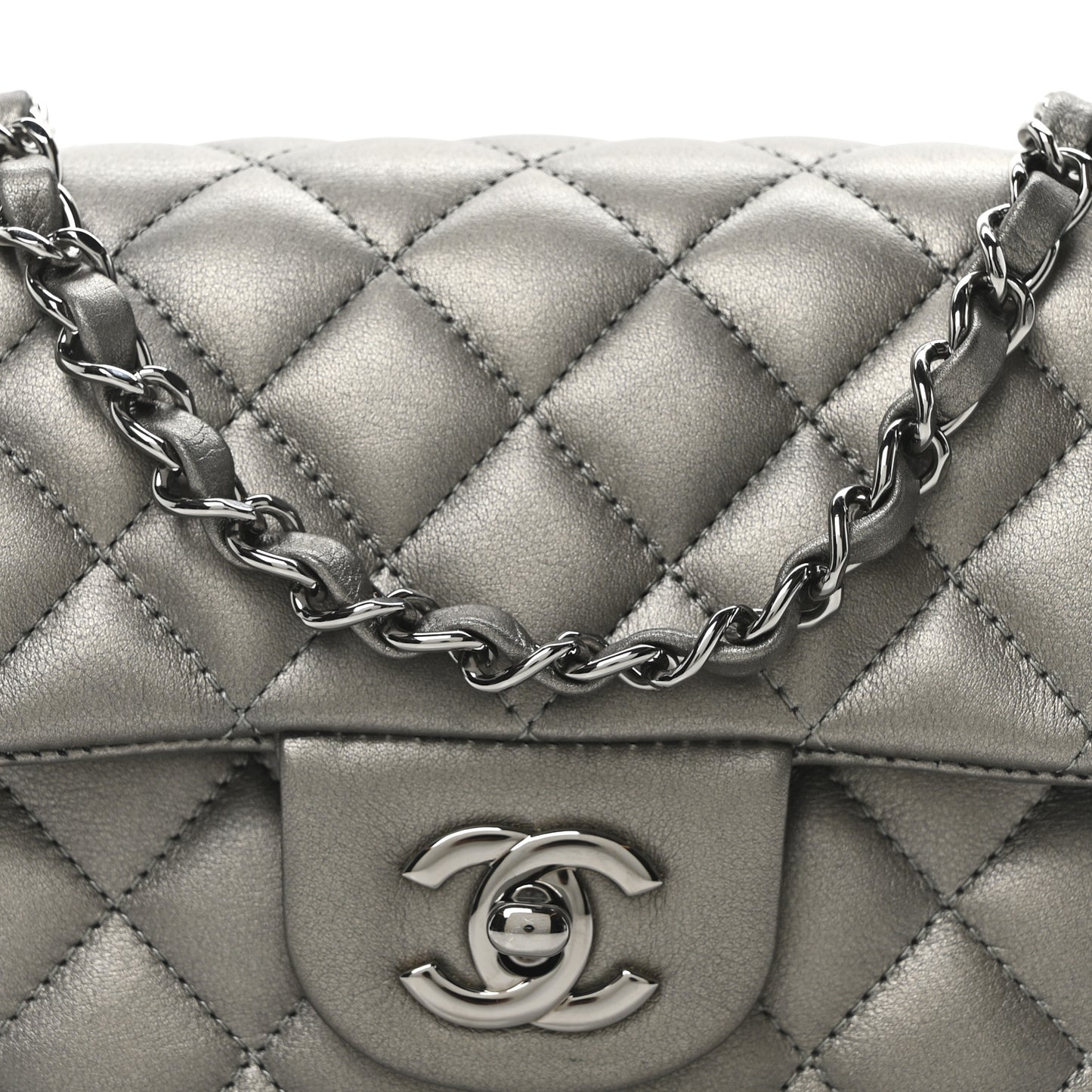 Metallic Lambskin Quilted Mini Rectangular Flap  Dark Grey