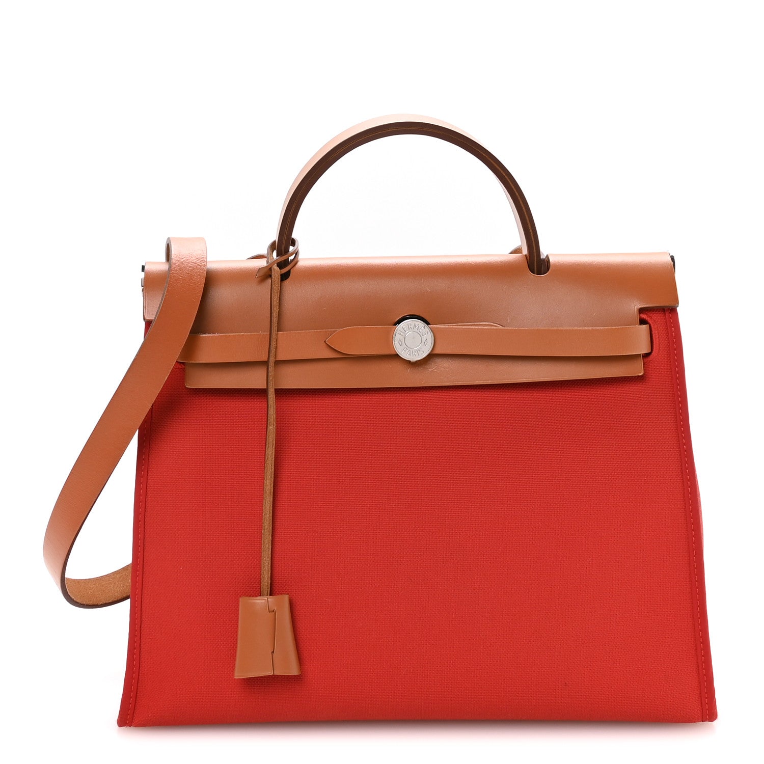 Hermes Vache Hunter Toile Herbag Zip 31 PM Rouge Tomate Natural 1 of 11