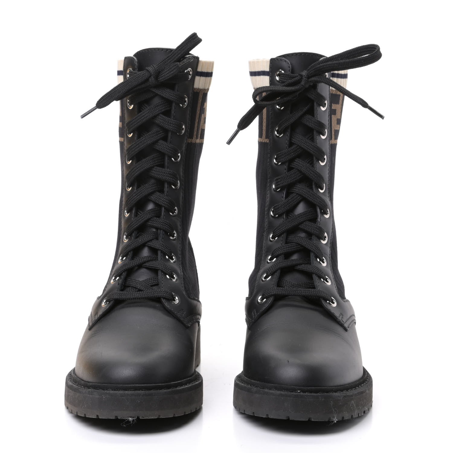 Fendi Calfskin Stretch Fabric Rockoko Biker Boots 36 Tobacco Black Marino 2 of 4