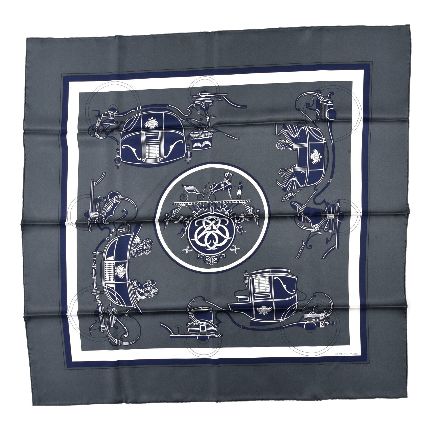 Hermes Silk Ex Libris Scarf 90 Anthracite Marine White 1 of 3