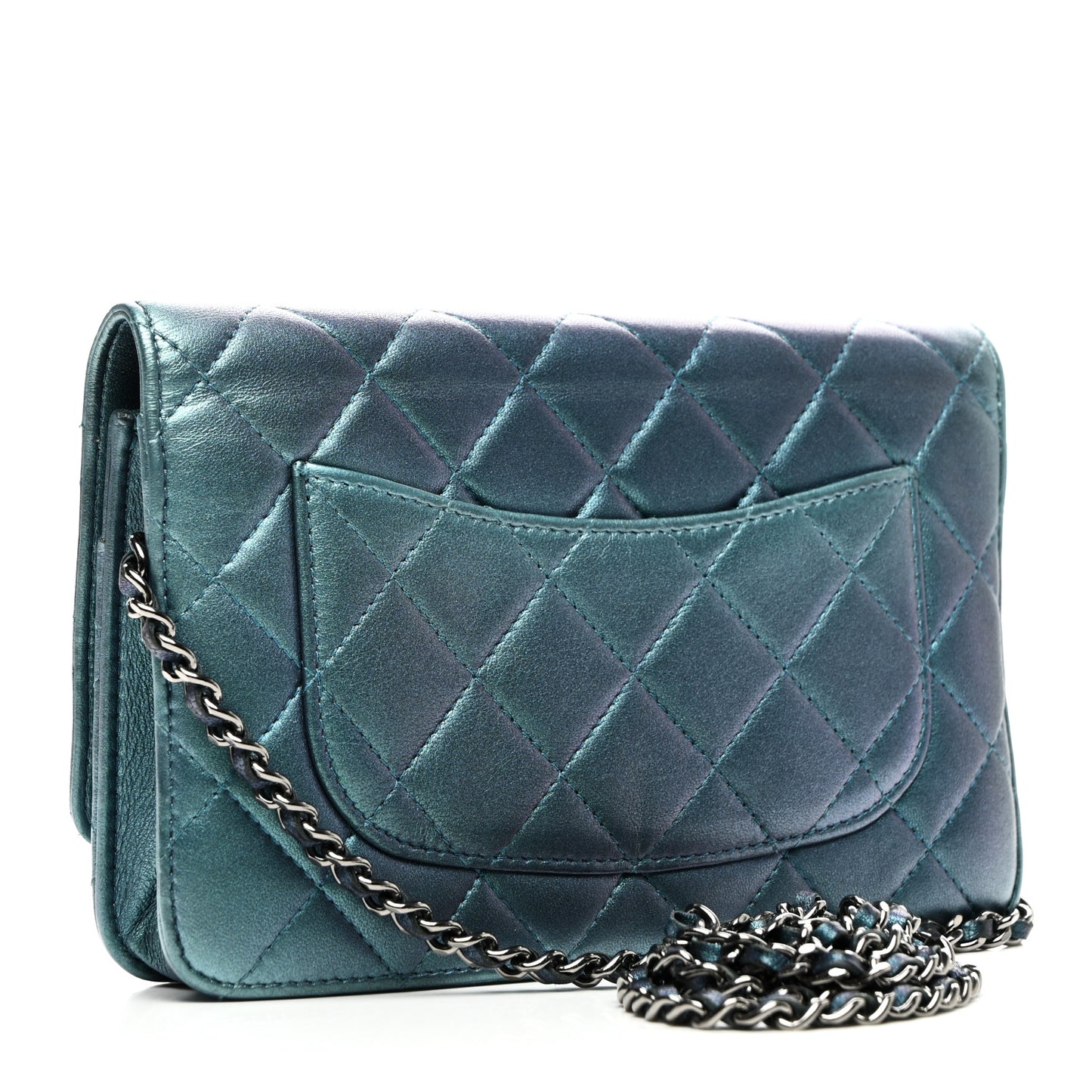 Metallic Lambskin Wallet On Chain WOC Turquoise