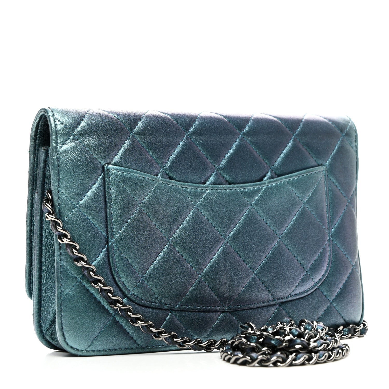 Chanel Metallic Lambskin Wallet On Chain WOC Turquoise 3 of 13