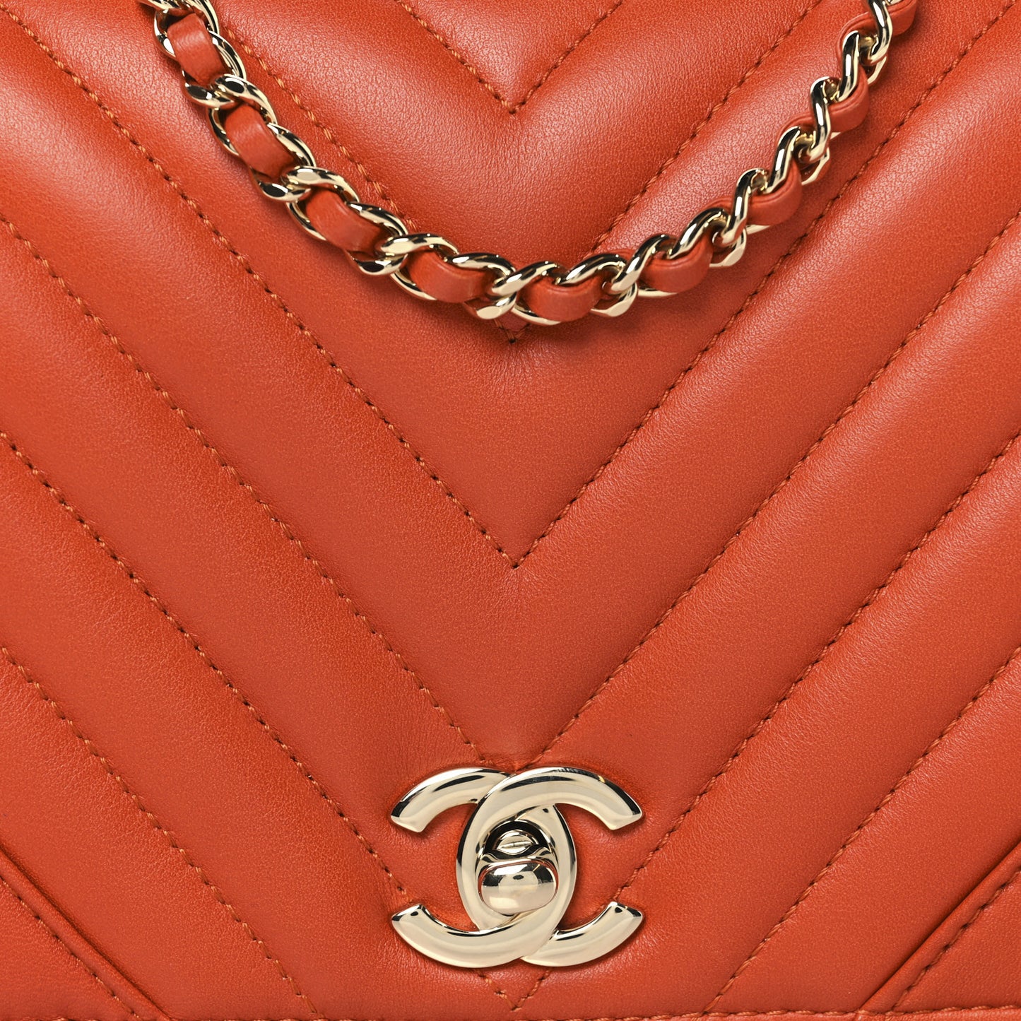 Calfskin Chevron Quilted Mini Statement Flap Dark Orange