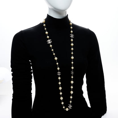 Chanel Graduated Pearl Crystal CC Long Necklace Silver 2 of 4