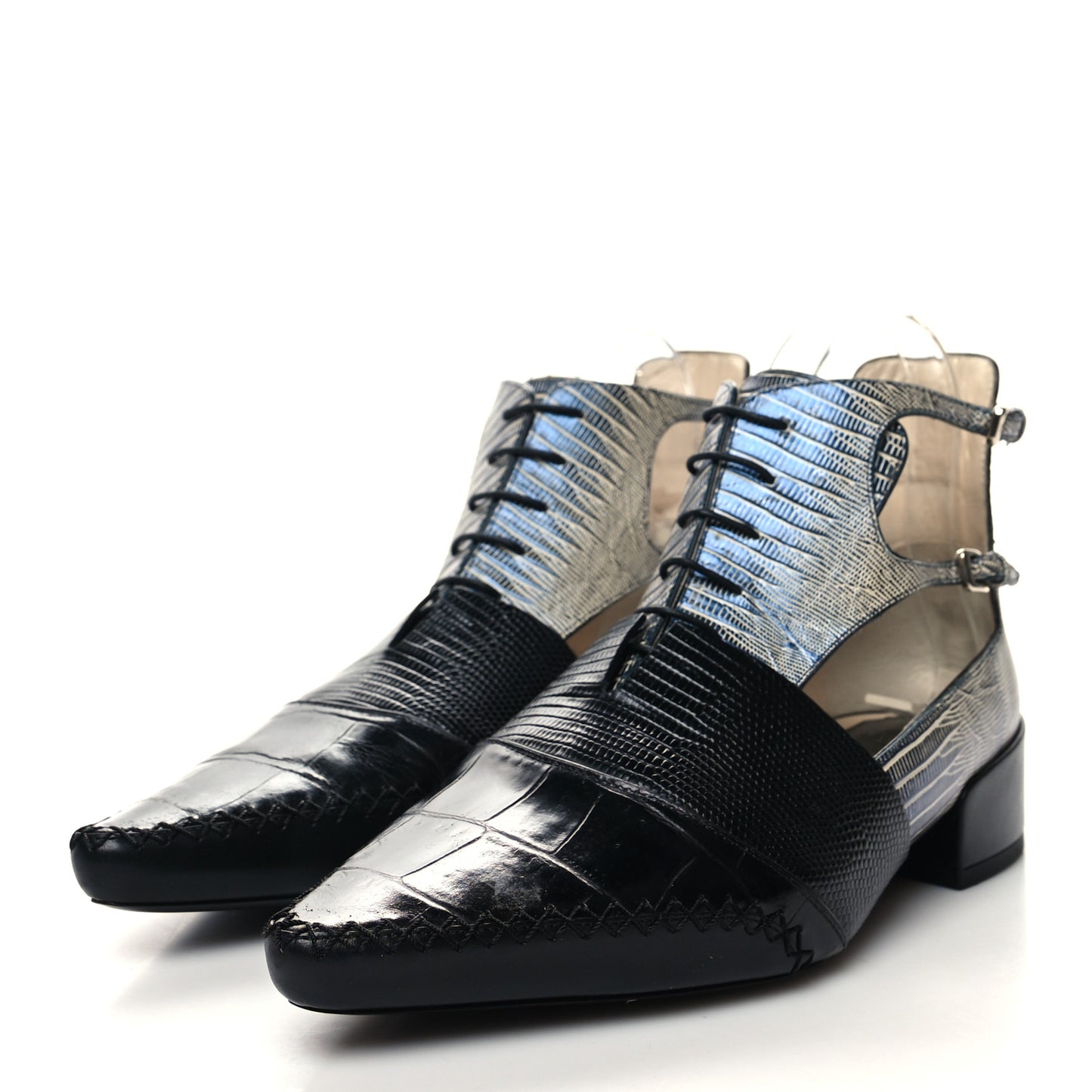 Crocodile Lizard Calfskin Embossed Nomade Pointed Ankle Boots 38.5 Black Blue