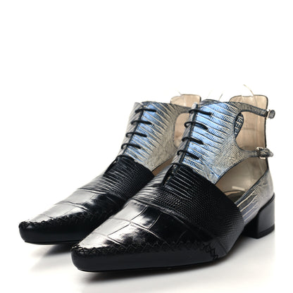 Christian Dior Crocodile Lizard Calfskin Embossed Nomade Pointed Ankle Boots 38.5 Black Blue 3 of 11
