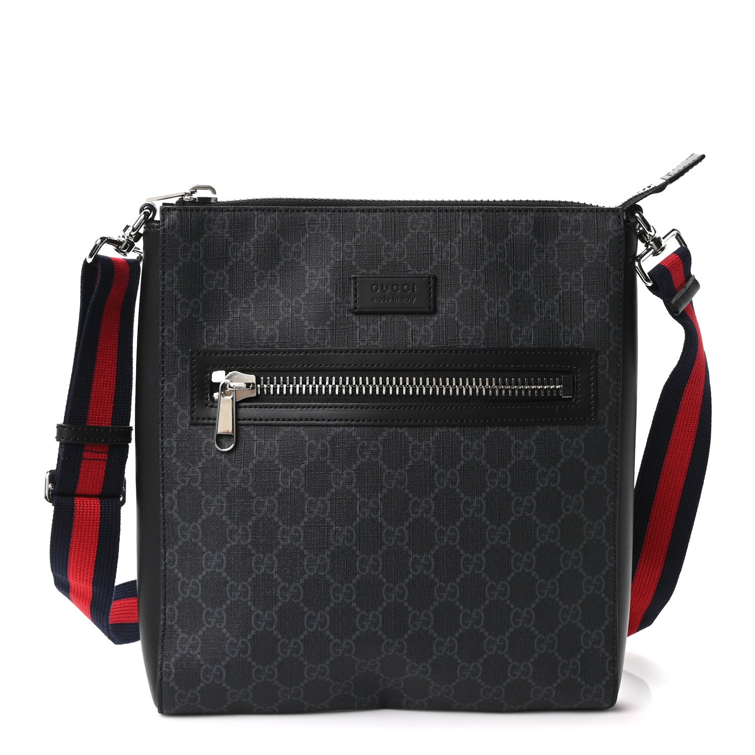 Gucci GG Supreme Monogram Appia Calfskin Web Flat Messenger Bag Black Grey 1 of 10