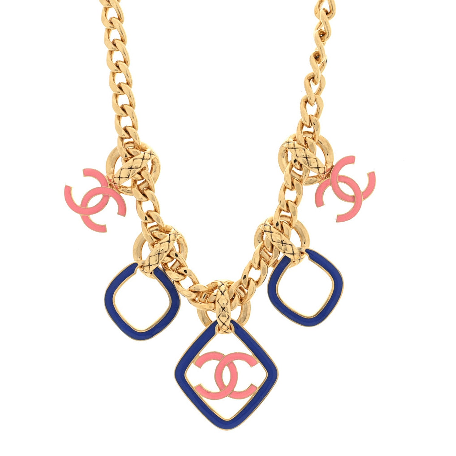 Chanel Metal Enamel Quilted Chain CC Necklace Gold Blue Pink 1 of 4