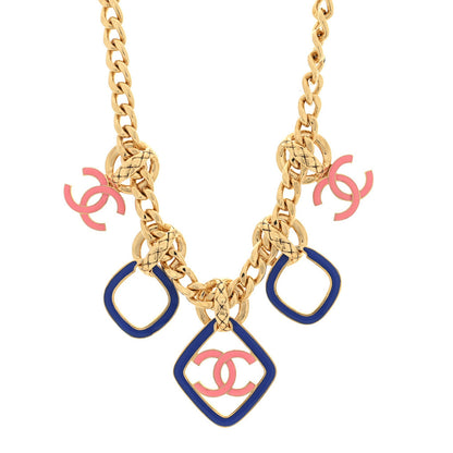 Chanel Metal Enamel Quilted Chain CC Necklace Gold Blue Pink 1 of 4