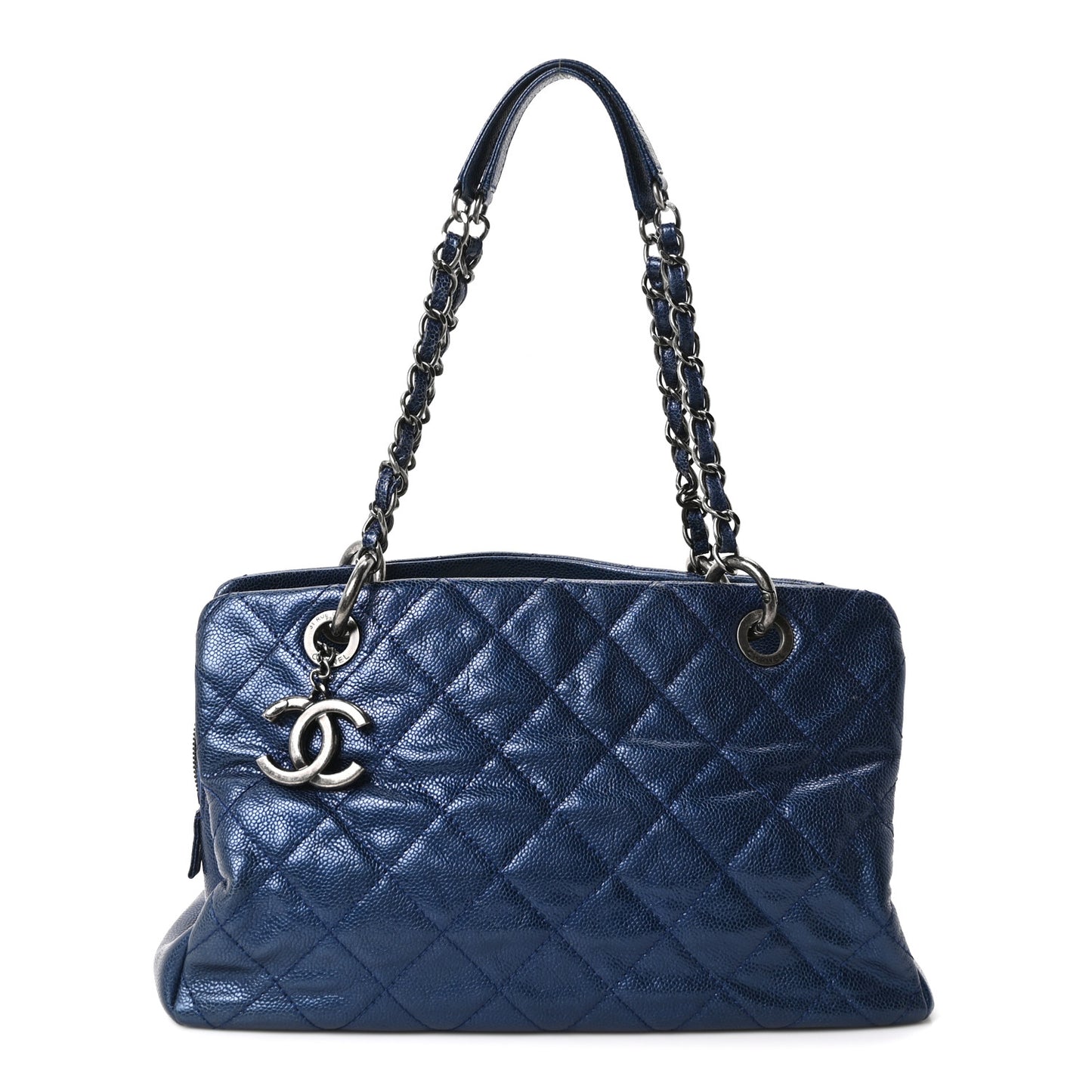 Iridescent Caviar Quilted Chic Shopping Tote Blue