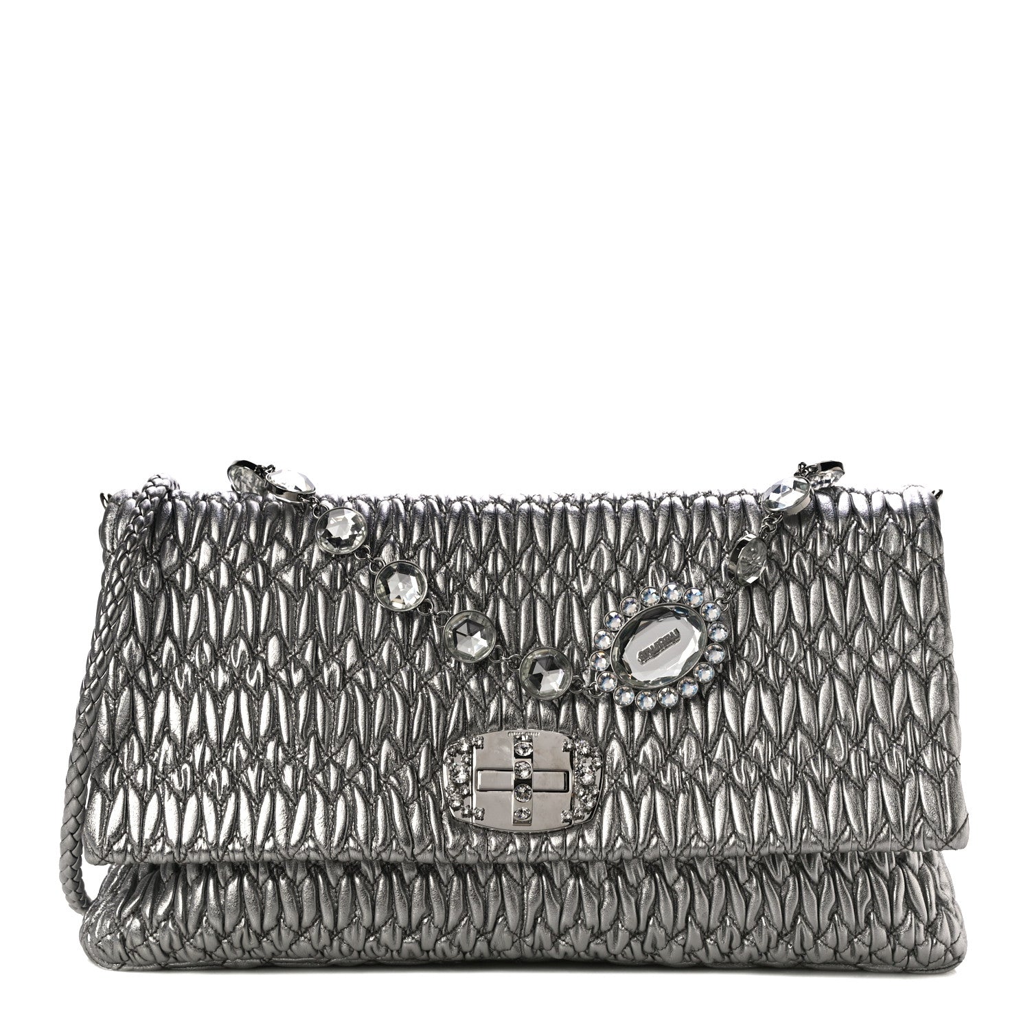 Miu Miu Nappa Matelasse Crystal Flap Clutch Cromo 1 of 12