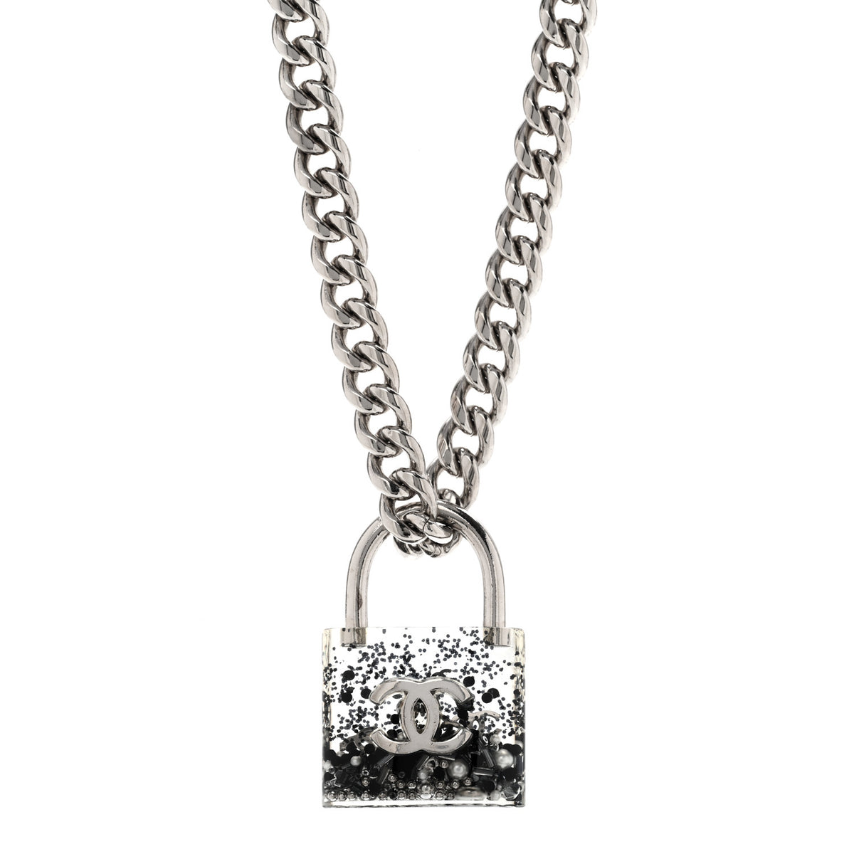 Resin CC Oversized Padlock Chain Necklace Silver Pearly White Silver Pearly White