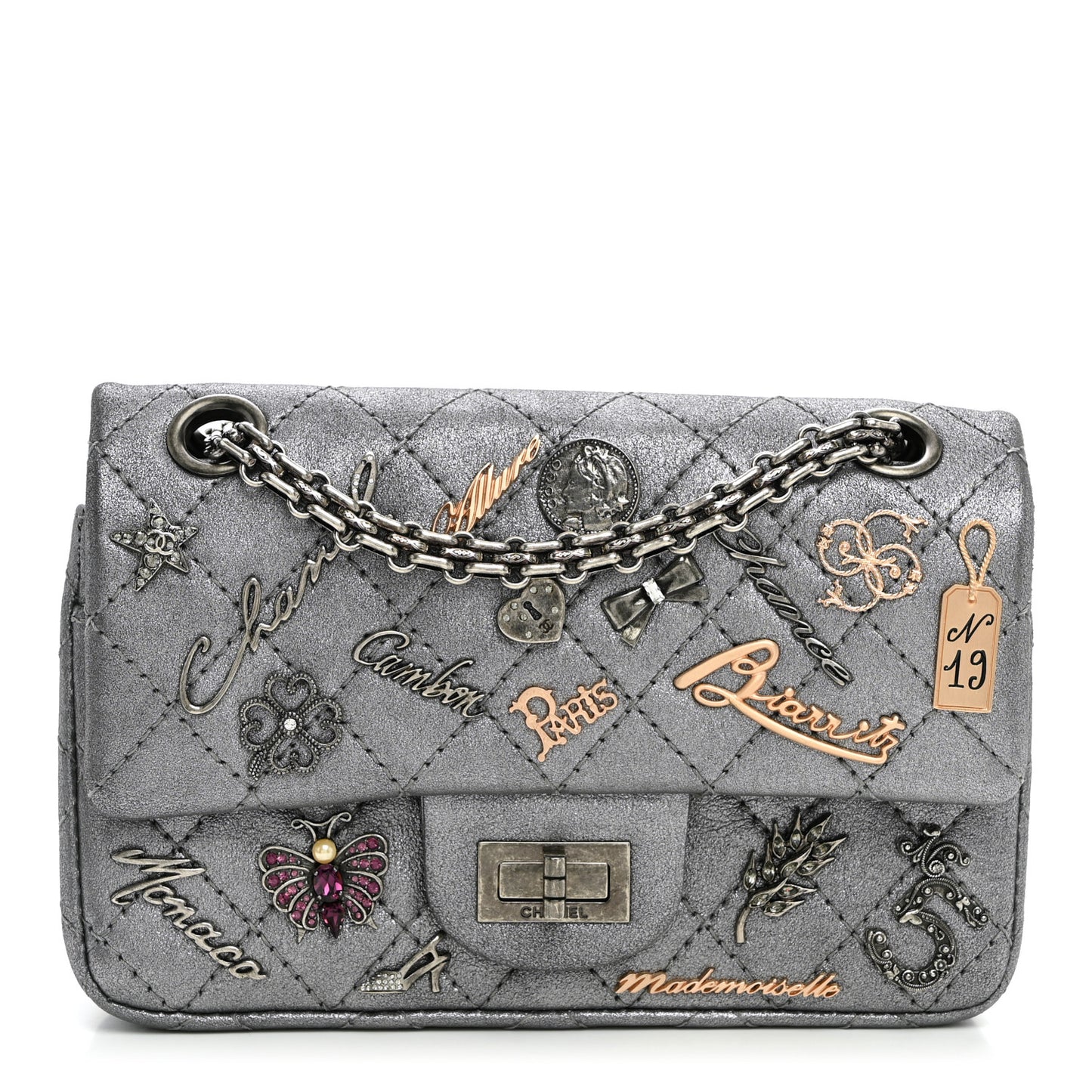 Metallic Calfskin Quilted Lucky Charms 2.55 Reissue 224 Flap Dark Silver