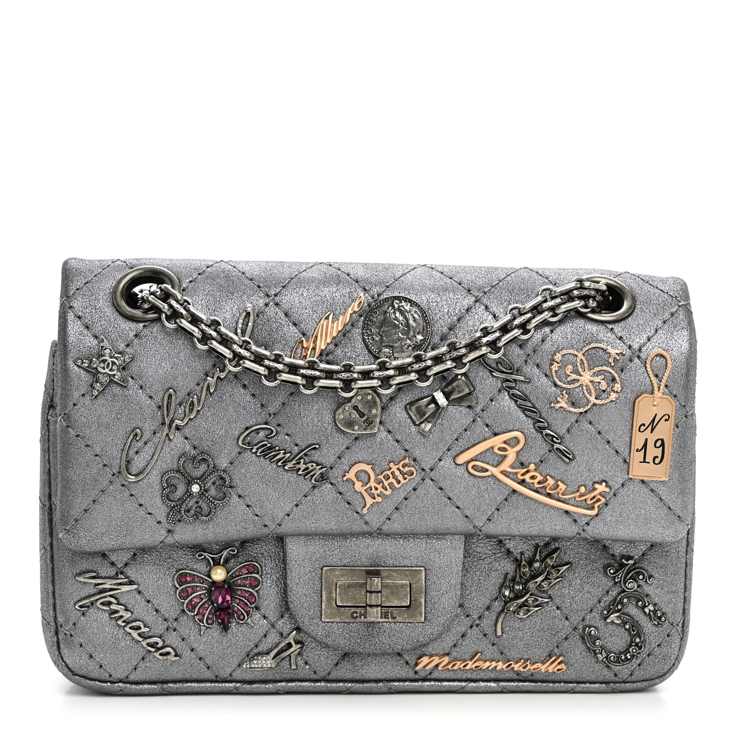 Chanel Metallic Calfskin Quilted Lucky Charms 2.55 Reissue 224 Flap Dark Silver 1 of 10