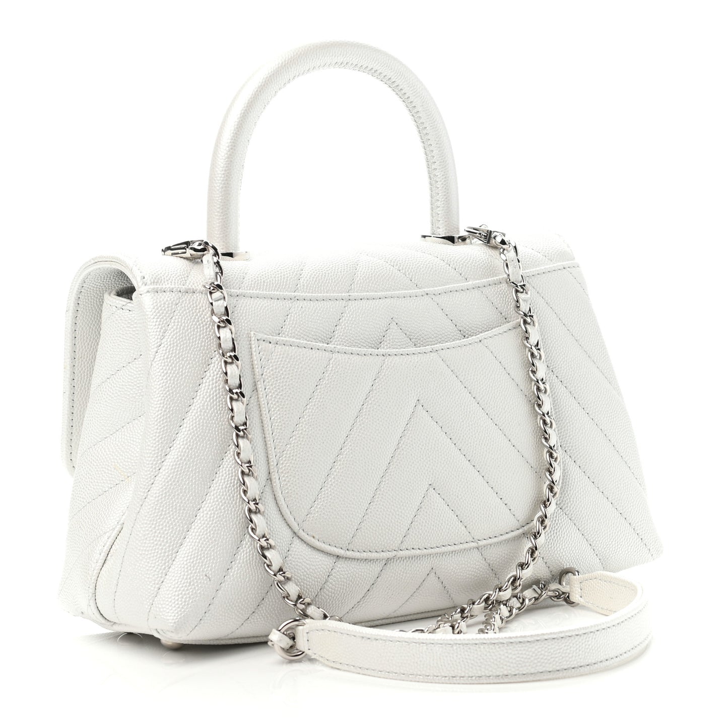 Iridescent Caviar Chevron Quilted Mini Coco Handle Flap White