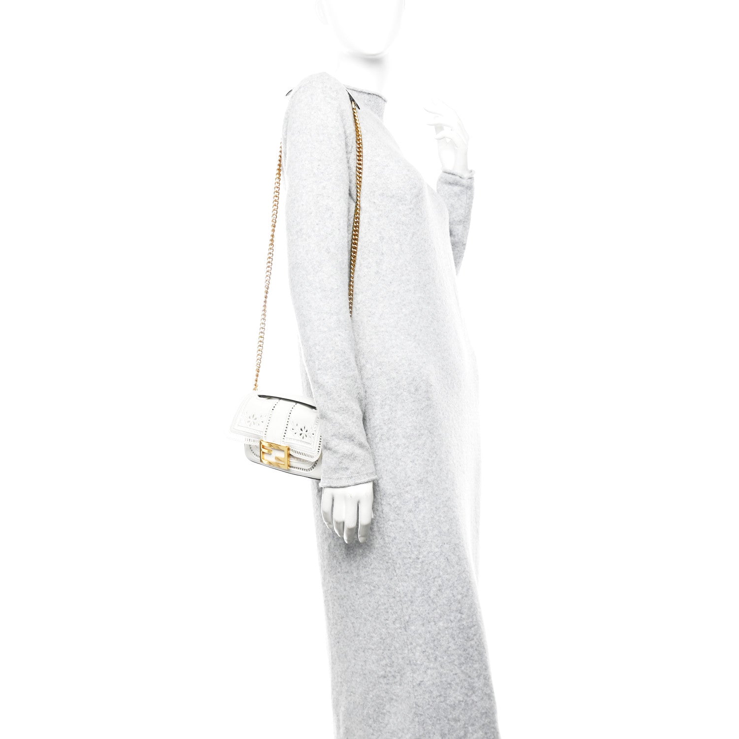 Fendi Nappa Apolo Floral Embroidered Mini Chain Baguette White 2 of 12