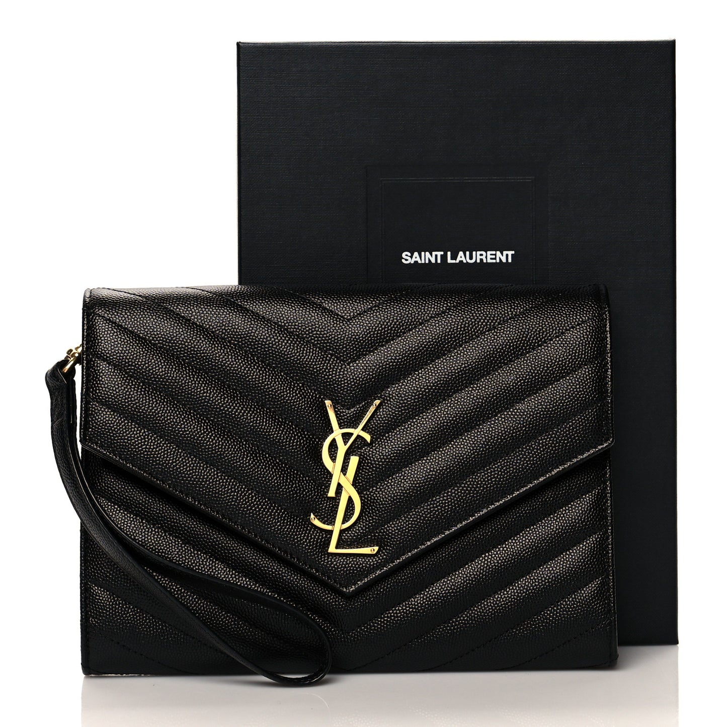 Grain De Poudre Matelasse Chevron Monogram Envelope Clutch Black