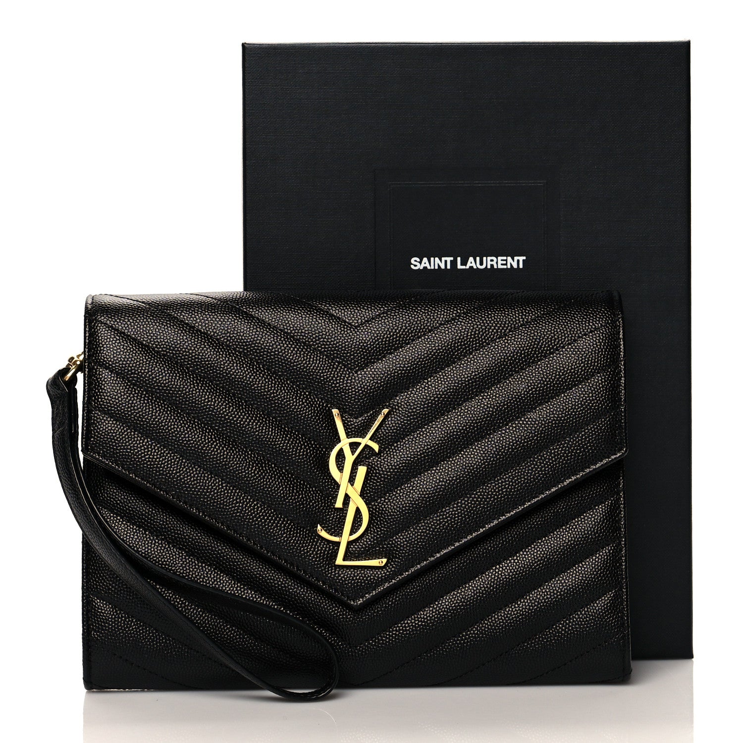 Saint Laurent Grain De Poudre Matelasse Chevron Monogram Envelope Clutch Black 13 of 13