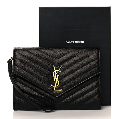 Saint Laurent Grain De Poudre Matelasse Chevron Monogram Envelope Clutch Black 13 of 13