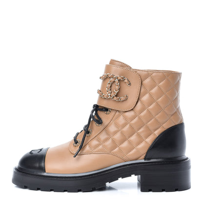 Chanel Lambskin Calfskin Quilted Lace Up Combat Boots 39.5 Light Brown Black 1 of 11