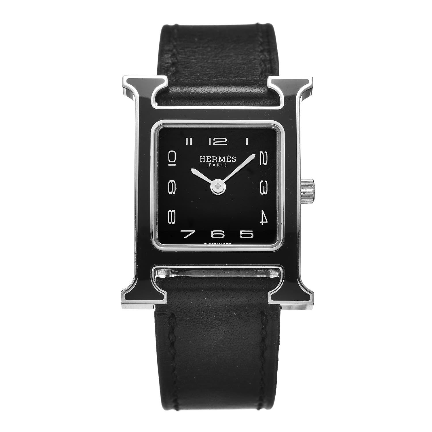 Hermes Stainless Steel Barenia Lacquer 21mm Heure H Hour Quartz Watch Noir 1 of 10