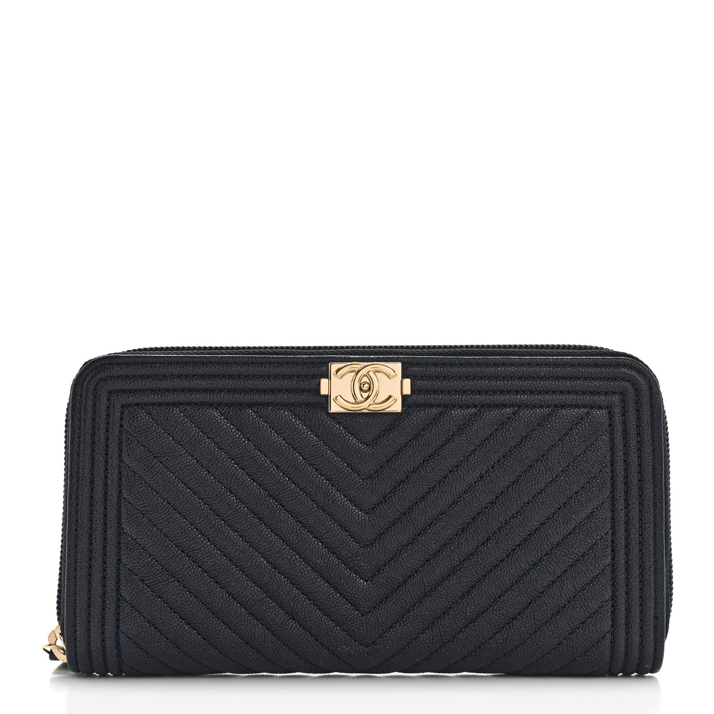 Caviar Chevron Quilted Zip Around Boy Wallet Navy