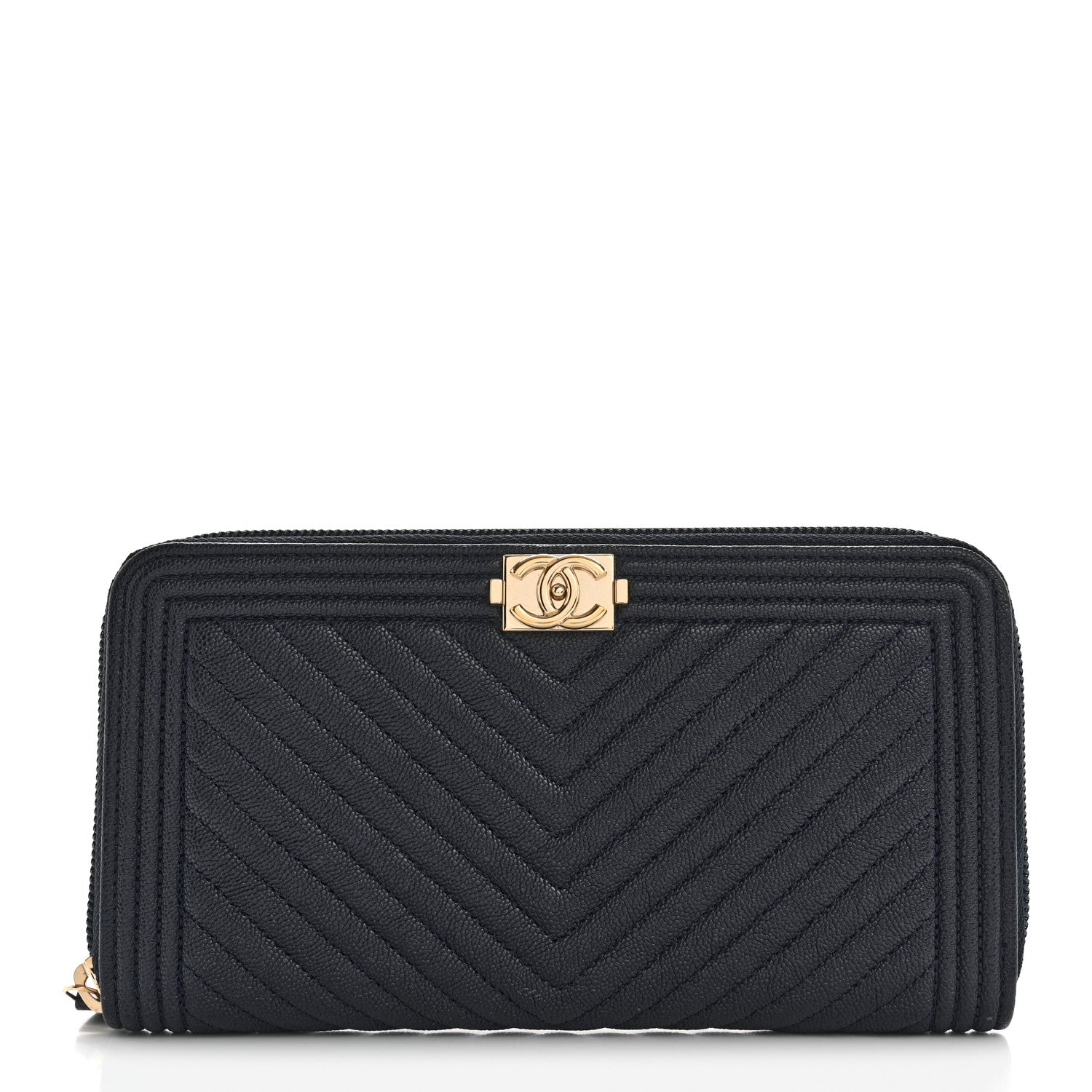 Chanel Caviar Chevron Quilted Zip Around Boy Wallet Navy 1 of 8