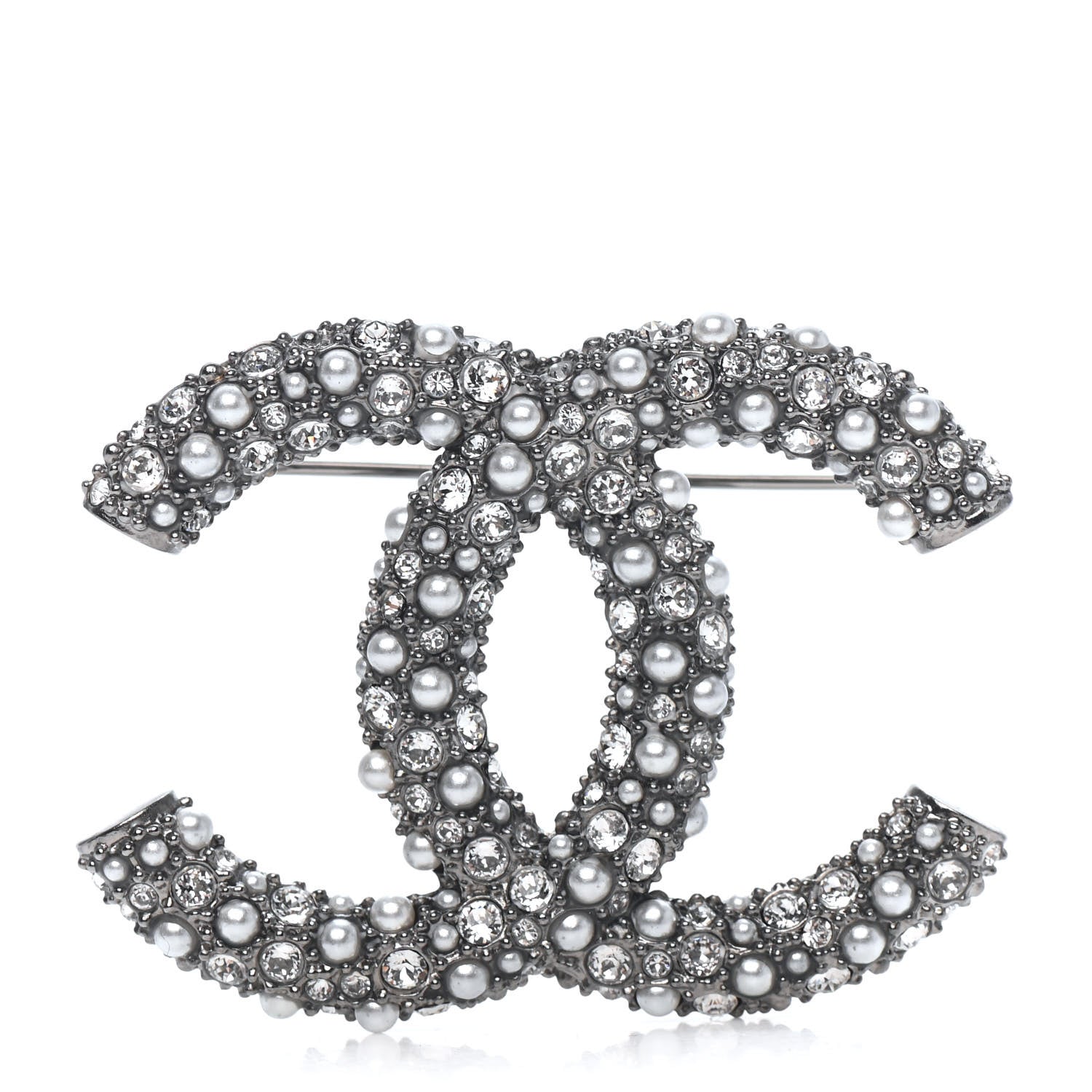 Chanel Crystal Pearl Caviar CC Brooch Silver 1 of 3